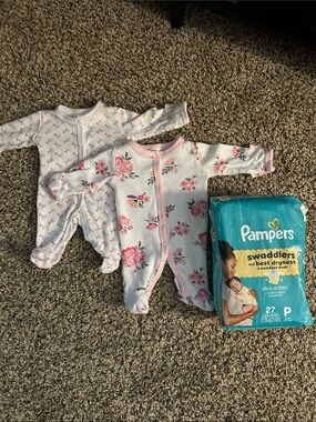 Preemie Bundle (2 Preemie Button-Up Sleepers & UNOPENED Pampers Preemie Diapers)